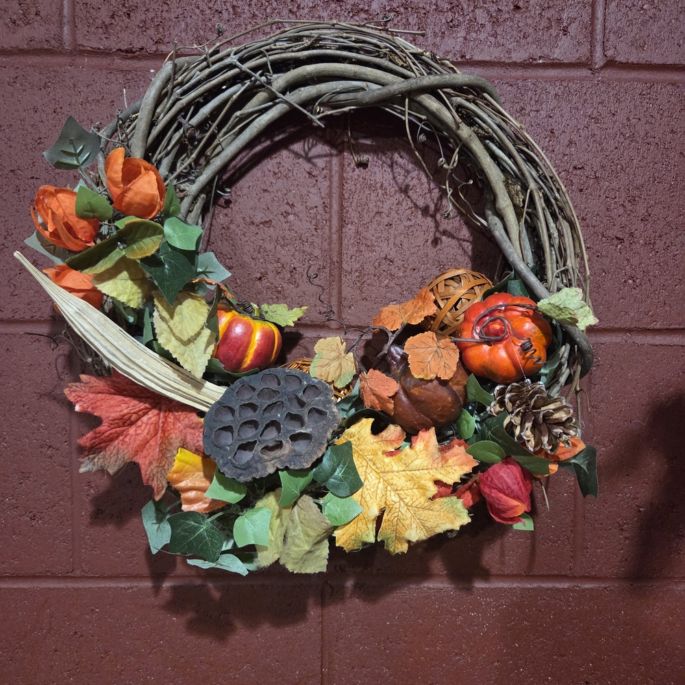 Rustic Autumn Wreath with Orange, Yellow and Green Leaves, Artificial Gourds+